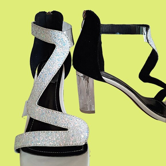 Y2K White Glitter Sparkly Clear Heels Sandals US Sz 8 Ankle Strap Party Cocktail - Picture 3 of 11